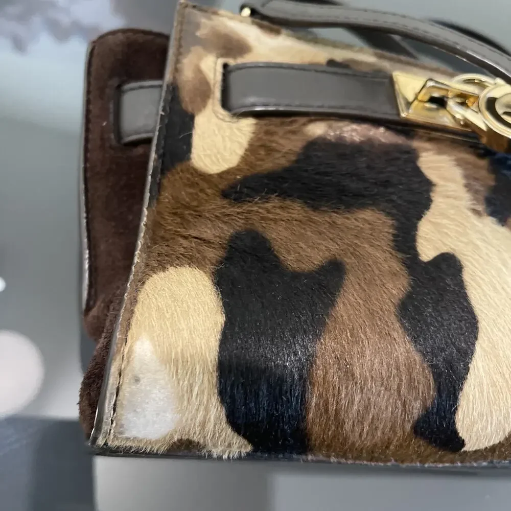 Michael Kors Hamilton Brown Suede Calf Hair Camouflage Handbag Purse Bag